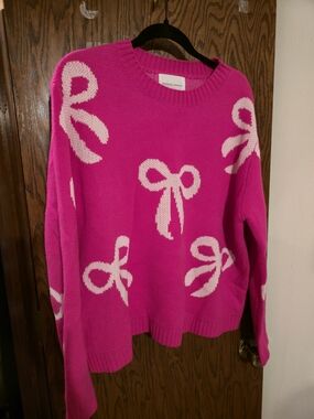 Panache Hot Pink Crewneck Sweater with Light Pink Bow Motif